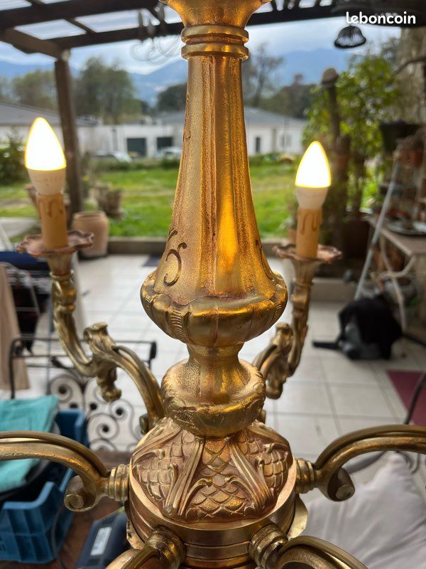 ANCIEN LUSTRE BRONZE Dore Et Cristal 3 Branches Vintage Xx Siècle Décoration EUR 249,00