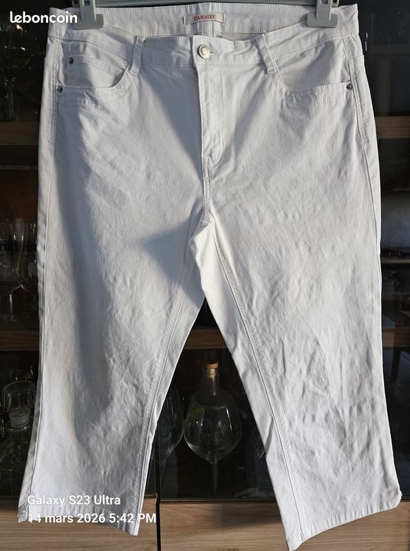 Pantalon corsaire pantacourt été Camaieu coton beige écru Taille 38