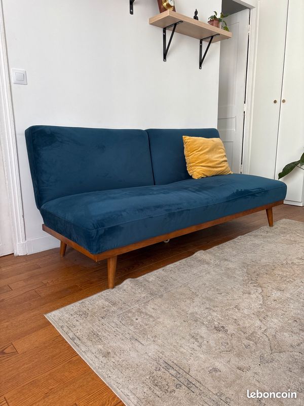 Nils - Canapé droit 3 places convertible - avec coffre de rangement - Velours - Bleu nuit - Maison