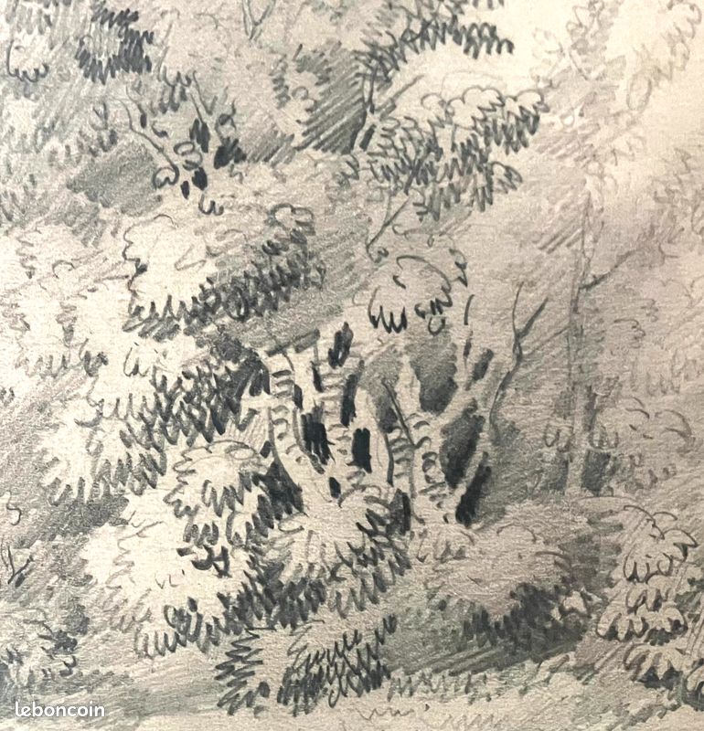 Dessin original 19ᵉ siècle – Maison rivière & grands arbres – Encadrement ancien (image 6)