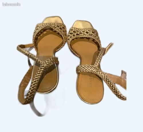 Sandales Minelli En Cuir Multicolore - Tongs à Lanières Feuilles Dorées, Taille 41, Occasion TTBE