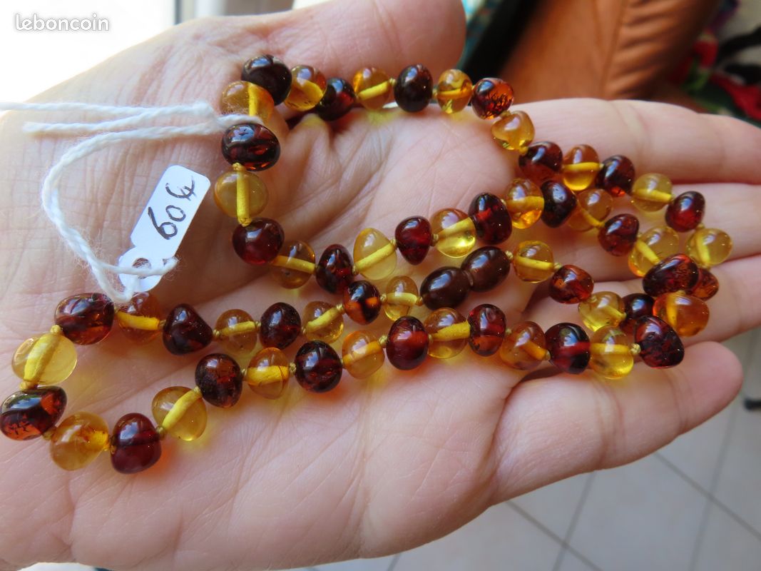 Collier Ambre Baltique Véritable 46cm - Pierres Naturelles Multicolores - Fait Main Lituanie