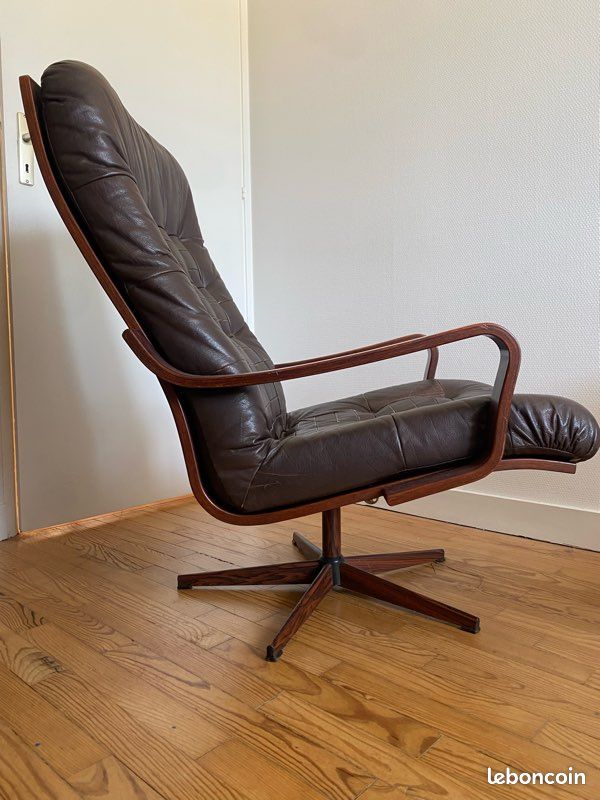 Paire de fauteuils vintage pivotants en cuir marron (image 3)