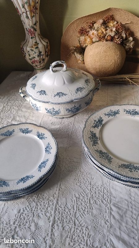 Baroni Home Service 18 Assiettes Céramique Pour 6 Personnes - Bleu Gris Décoré Élégant