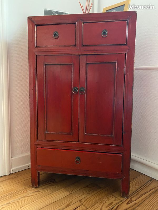 Meuble Buffet Ancien Style Vintage – Rouge Laqué Clair – Bois Massif, Années 30-40