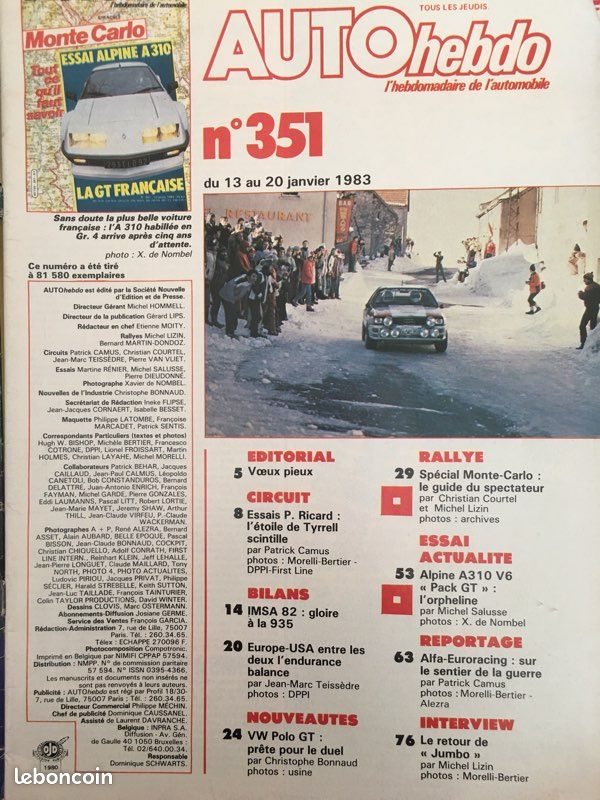 AUTOhebdo - Collection 1983 - Nr 351 du 13 janvier 1983 - Guide du rallye de Monte-Carlo - Essai Alpine A 310 - la GT Française (image 2)