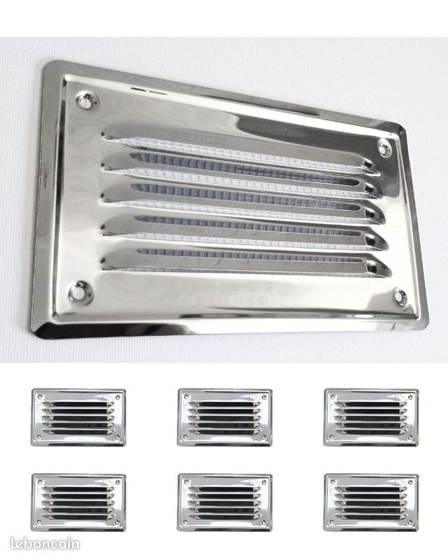 Lot de 6 grilles de ventilation rectangulaires en inox 164 x 100 mm, avec moustiquaire (image 1)