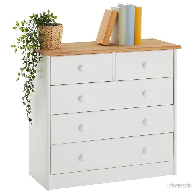 Commode de Chambre en Pin Massif – 5 Tiroirs de Rangement – Finition Bicolore Blanc & Brun Lasuré – Style Authentique et Robuste (image 1)