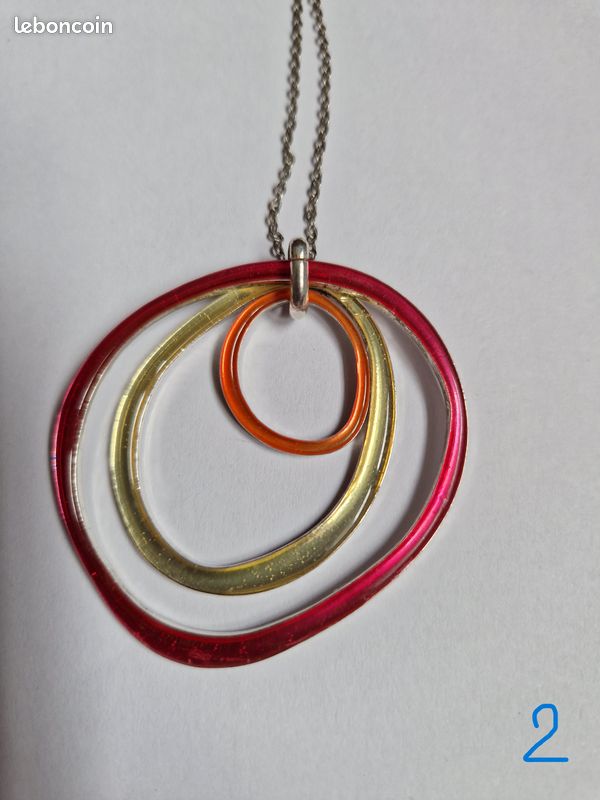 Collier Pendentif Skalli Vintage Années 90 - Cabochon Résine Kaki, Métal Argenté