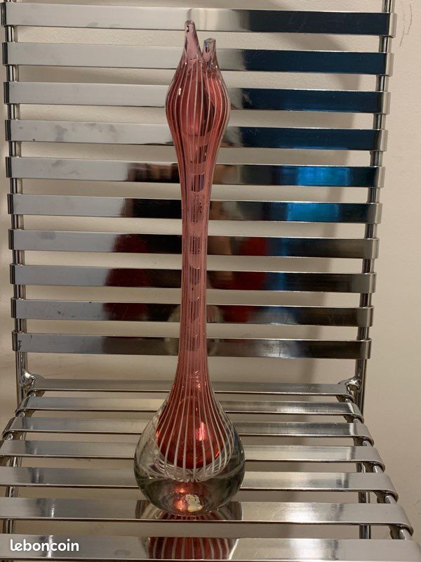 Soliflore Murano Verre Soufflé - Opalin Rose Anse Torsadée - Art Nouveau