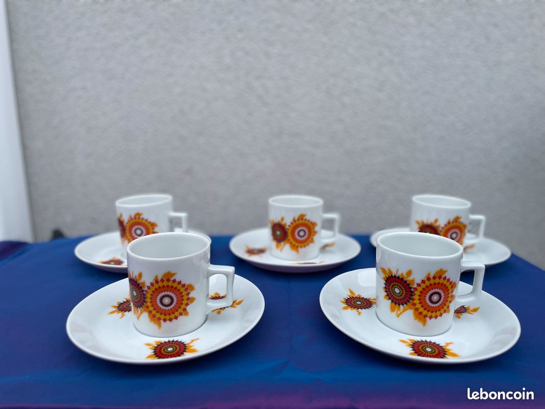Service à Café Vintage Mitterteich Bavaria - Tasses, Soucoupes Et Sucrier à Fleurs Orange