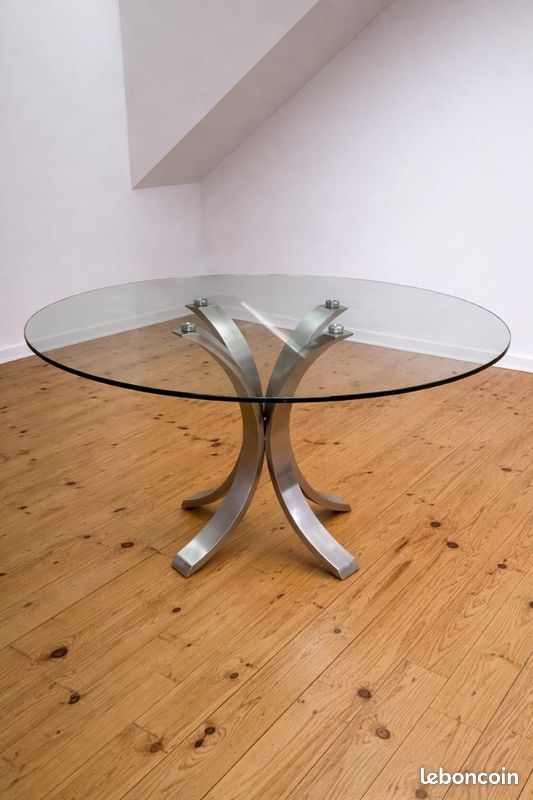 Table en verre et acier brosse (image 1)