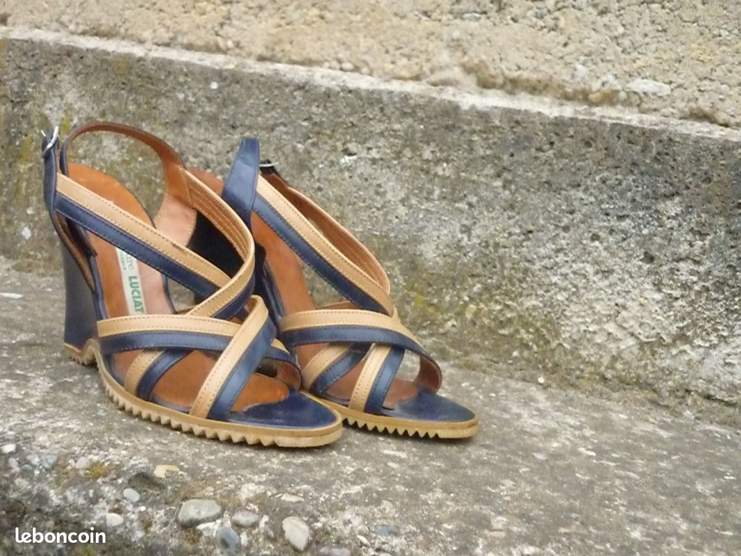 Sandales Cuir Compensés Bleu Marine Beige Camel T 35 (image 1)
