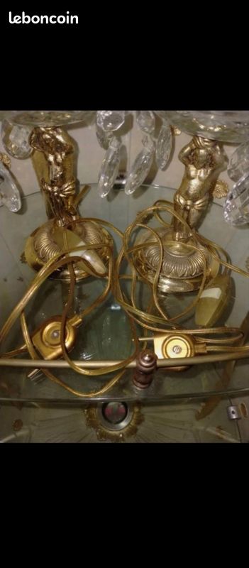 Paire de lampes de table femmes dorées laiton portant coupelles verres transparent luminaire lumière lustre vintage (image 12)
