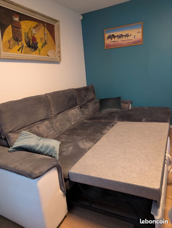 Canapé d'angle convertible en microfibre et simili CONNOR - Bicolore Blanc/gris - Angle droit (image 2)