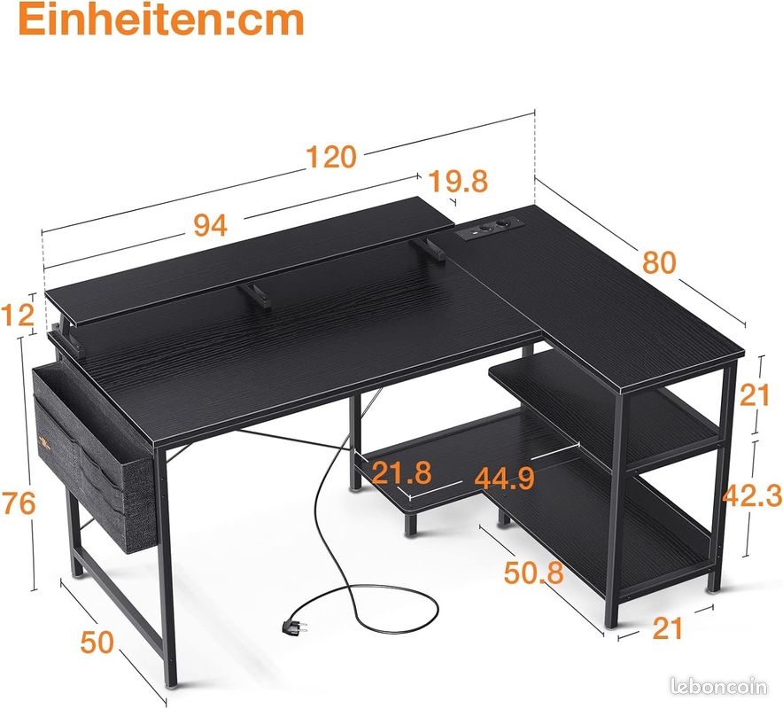 ODK Bureau d'angle Gaming en Forme L avec Port de Charge USB et Prise de Courant, 120*88*80 cm Bureau Angle d'Ordinateur avec Rangement Bureau en Forme de L Informatique avec Support d'écran (Noir) (image 3)