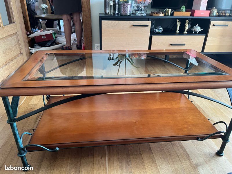 Table basse fer forgé - bois avec plateau en verre (image 4)