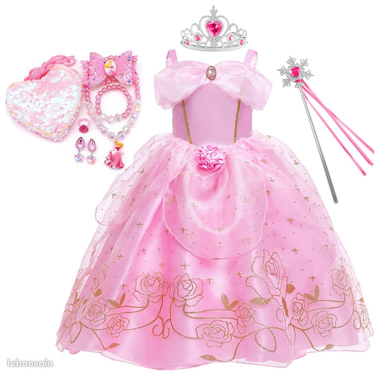 Déguisement Princesse Cendrillon – Robe Bleue Et Blanche, Carrosse Citrouille, Dentelle, Strass – Couronne, Baguette, Collier, Gants Inclus – 2-11 Ans – Lavage Main