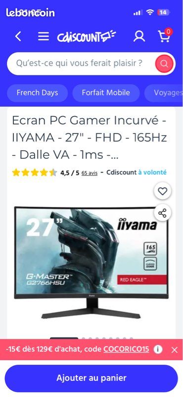 Ecran PC Gamer Incurvé - IIYAMA - 27" (image 1)