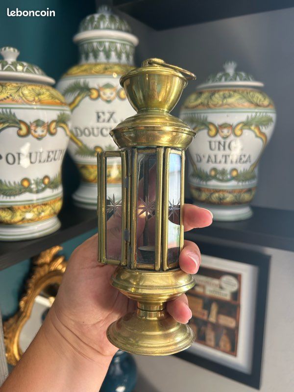 Lanterne d’officier bougeoir calligraphie porte-bougie vintage en laiton massif et verre gravé (image 3)