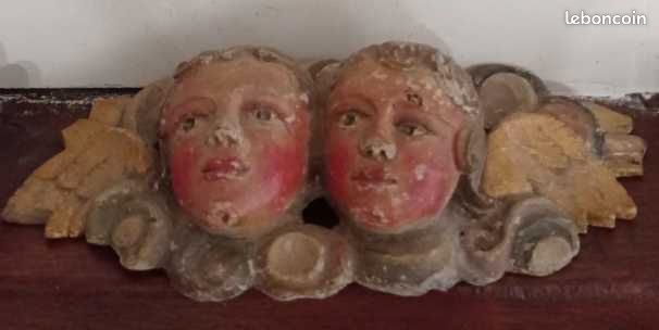16551- Sculpture têtes d'anges chérubins ailés en bois polychrome - 18e (image 1)