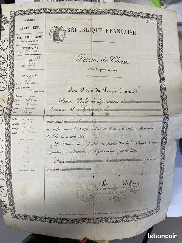 Permis De Chasse Ancien – Ille-et-Vilaine, Rennes – 1851 – Document Signé – XIXème
