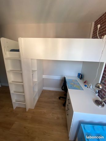 lit mezzanine combiné (bureau et rangements), blanc, 90 x190