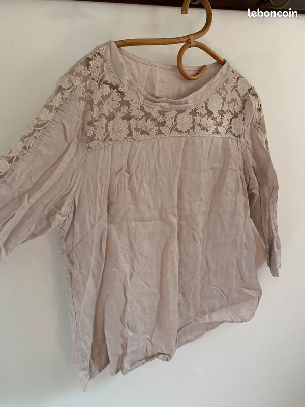 Blouse Beige 100% Lin - Taille XXL - Made in Italy (image 4)