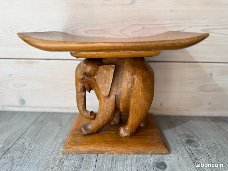 Tabouret vintage éléphant Teck 1950s déco africain (image 2)