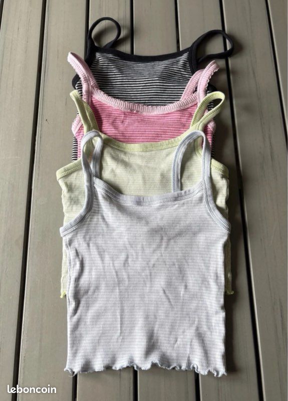 Top Débardeur Vintage Cop Copine - Taille 34/36 - Coton Stretch Blanc Rayé Rose