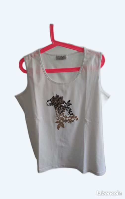 Débardeur haut femme blanc C&A marron brun noir fleur brillant XL