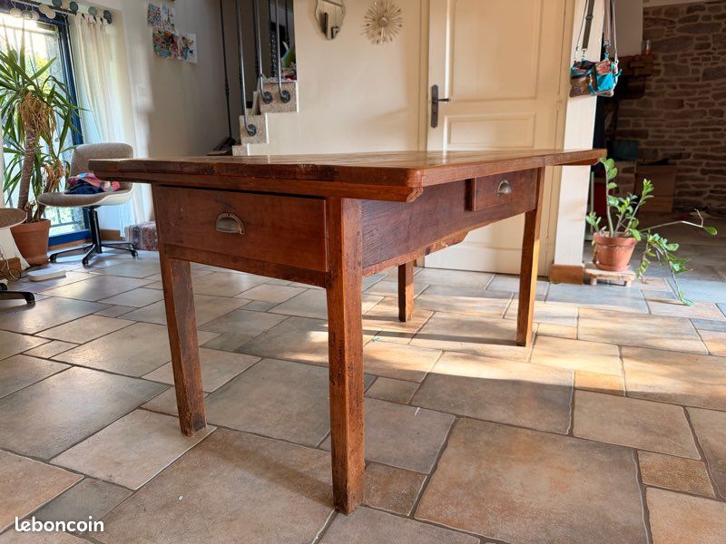 Table de ferme ancienne en bois massif - 130 × 98 cm - 2 tiroirs (image 2)