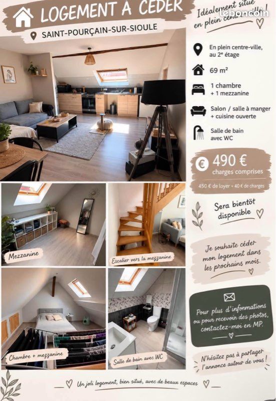 Appartement 3 pièces 69 m² · à Saint-Pourçain-sur-Sioule · 69 m² · 490 €/mois