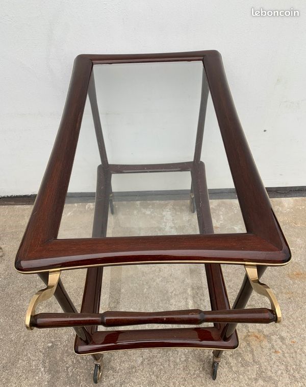 Desserte années 1950 par Cesare Lacca à deux plateaux de verre en laiton et palissandre laqué (image 7)