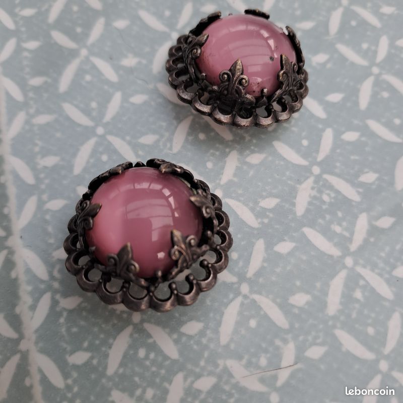 Boucles D'oreilles Vintage Clips - Perles Roses Tombantes - Modèle 3473 Occasion