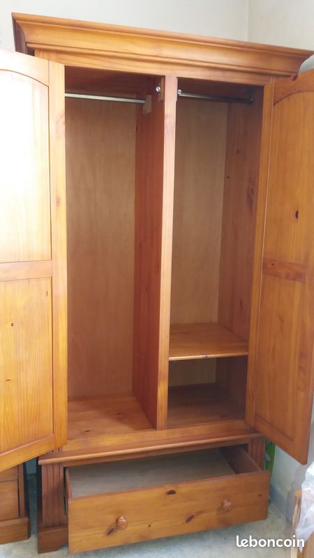 Amoire Authentic style en pin massif ciré 2 portes 1 tiroir lingere penderie (image 2)