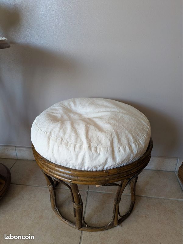 Tabouret / Pouf Vintage En Rotin - Marron - Hauteur 33 Cm