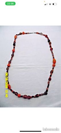Collier Long En Perles De Verre Anciennes Orange Et Gris Foncé - 100 Cm - Occasion Porté