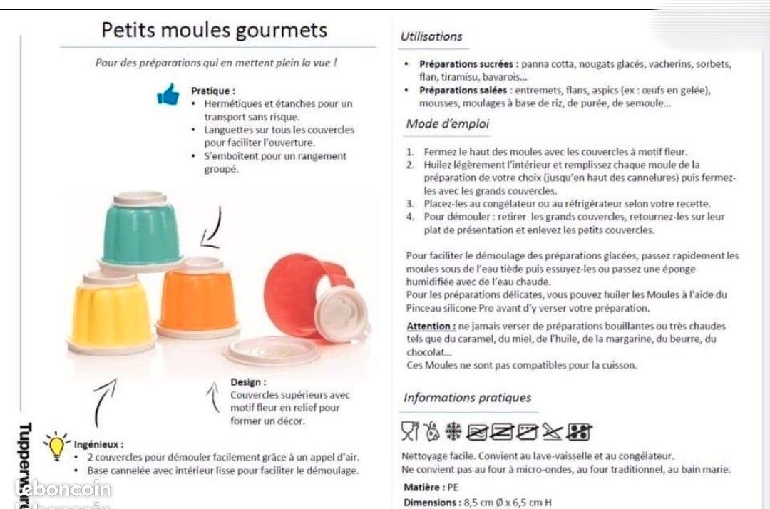 Lot Tupperware – 2 Moules Charlotte Et 6 Ramequins à Flan – Plastique Blanc – Vintage