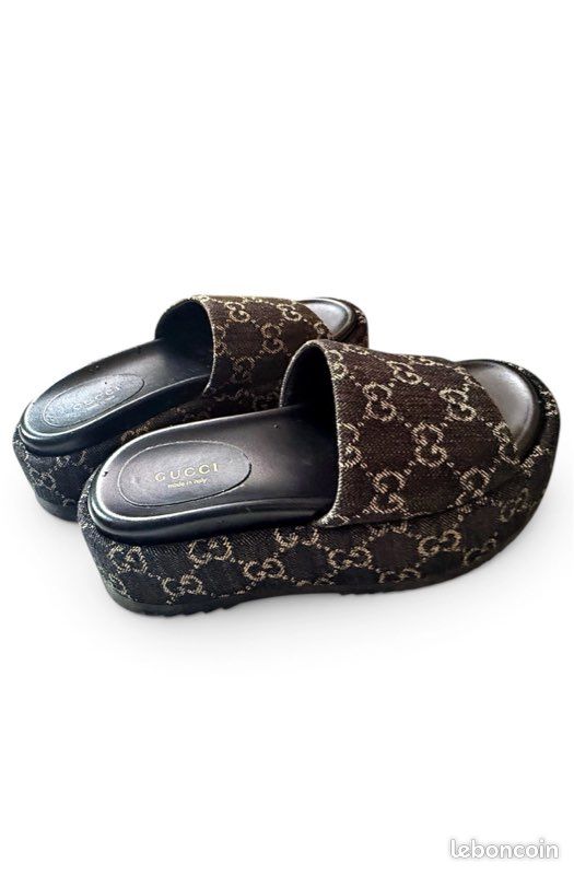Mules à plateforme Gucci Angelina confectionnées en denim jacquard noir et beige (image 5)