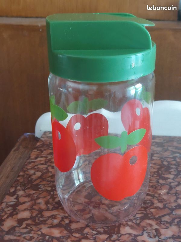 5 bocaux verre Henkel - Pommes rouges couvercles 2 vert + 1 rouge + 2 - Vintage