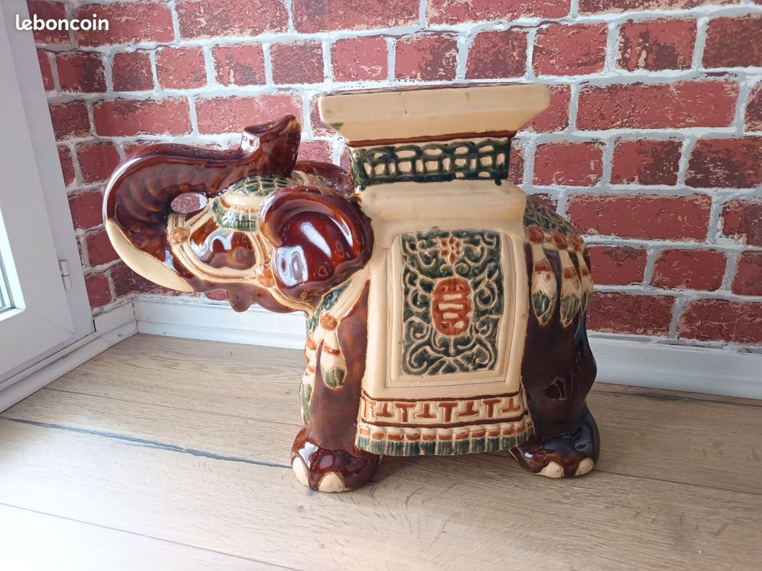Grand éléphant céramique porte plante guéridon support bohème colonial exotique indien (image 3)