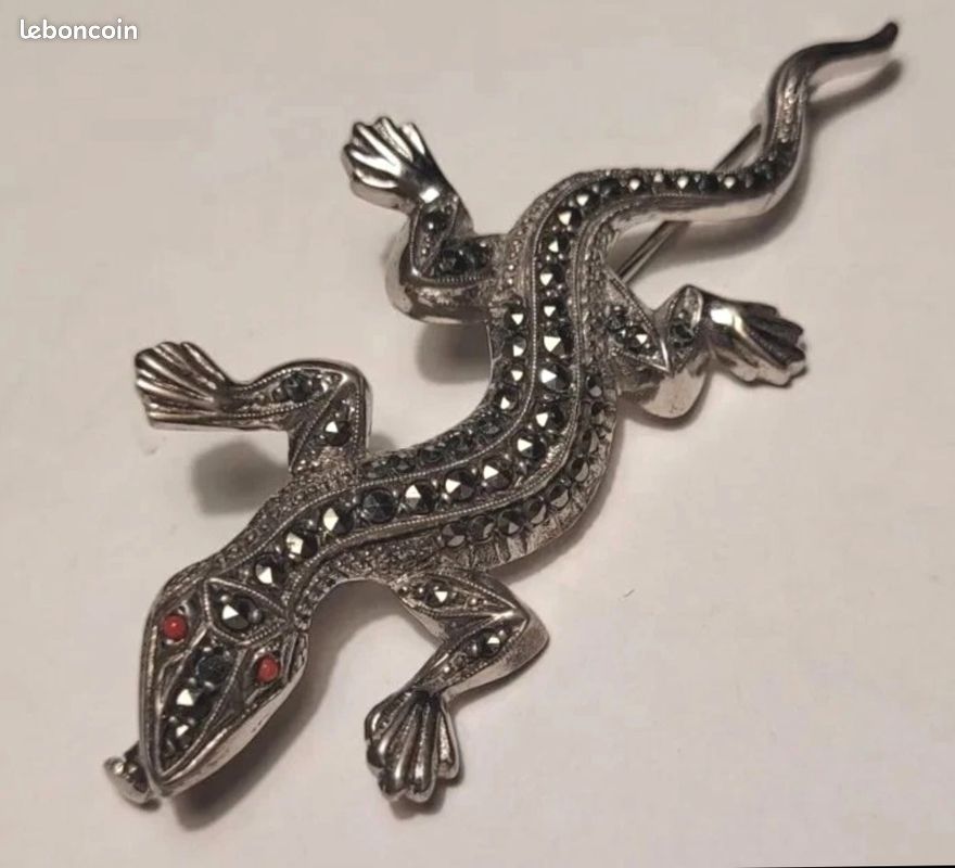 Broche Ancienne Lézard/salamandre - Argent Massif Et Marcassite - Signée #K28 - Occasion - Origine France