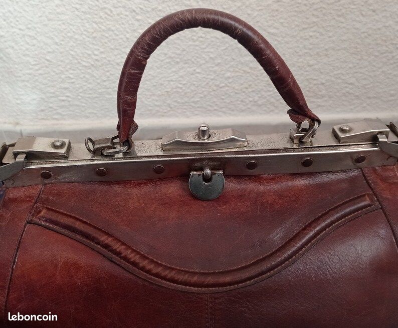 Sac à main vintage en cuir marron style médecin 1950-1960 (image 6)