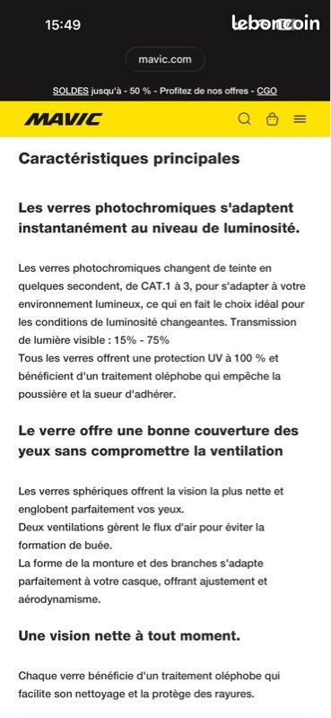 Lunettes Mavic MVS Aeroframe Photochromic CAT 1-3 – Neuves jamais utilisées (image 3)
