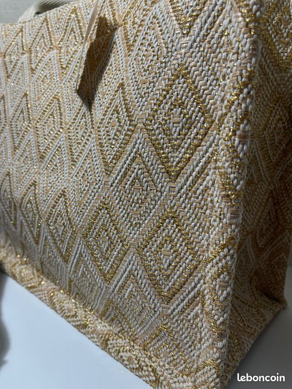 Sac cabas en toile tissée beige et doré avec bandoulière - Neuf (image 6)