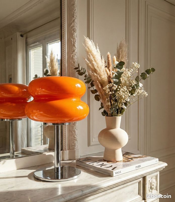 Lampe Vintage En Verre Orange Tangerine, Socle Massif, Neuve - Style Art Déco