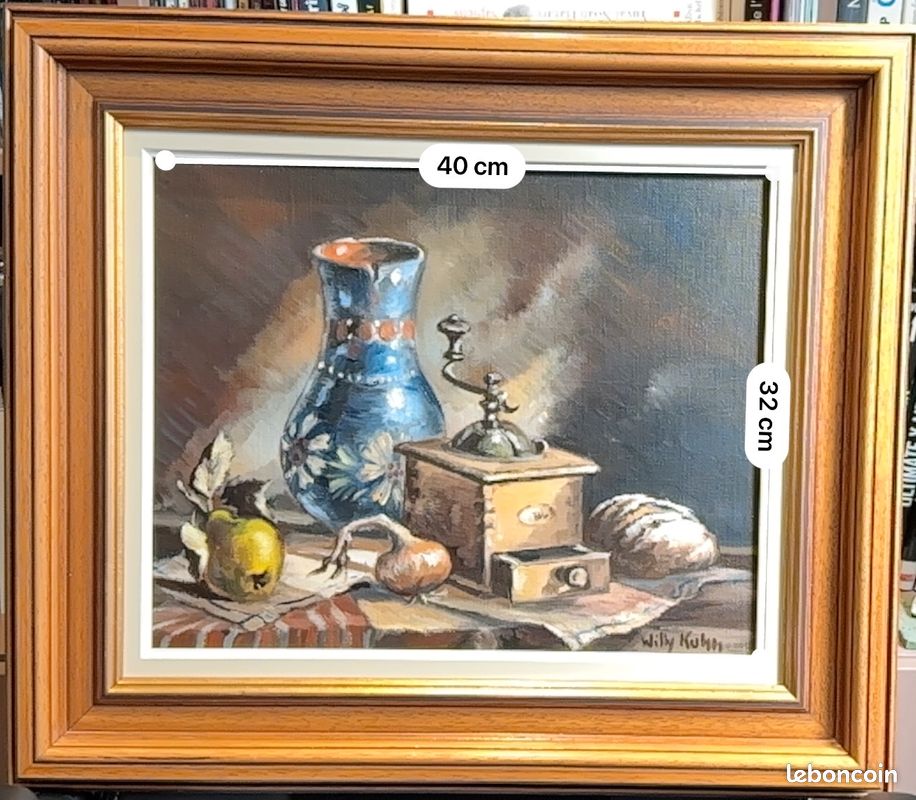 Tableau huile signée Willy Kuhn – nature morte moulin à café – encadré bois 40x32 cm (image 2)