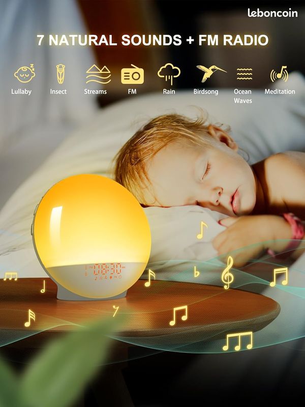 Réveil Simulateur Aube Eveil Lumière LED - 20 Niveaux Luminosité, 7 Sons Naturels, Radio FM - Veilleuse Multicolore