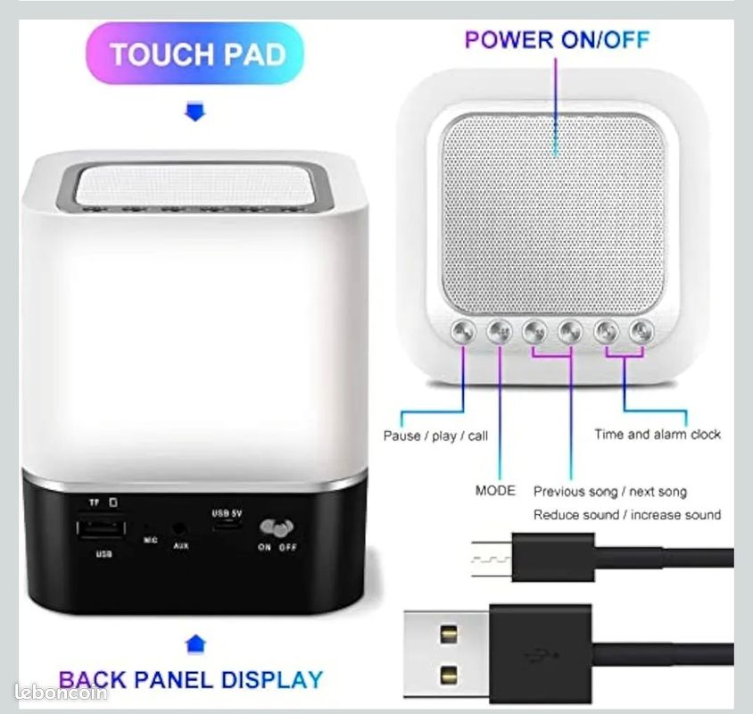 5 EN 1 Reveil Lumineux Enceinte Bluetooth Portable, Lampe de Chevet à Bruit Blanc Bebe, Veilleuse Multicolore Contrôle Tactile Réveil (image 5)